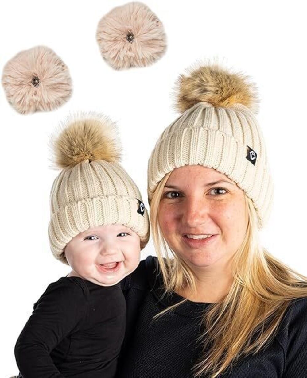5418 Matching 2 Pack: Adult/Infant Bundle - Detachable Pom Beanie - Beige